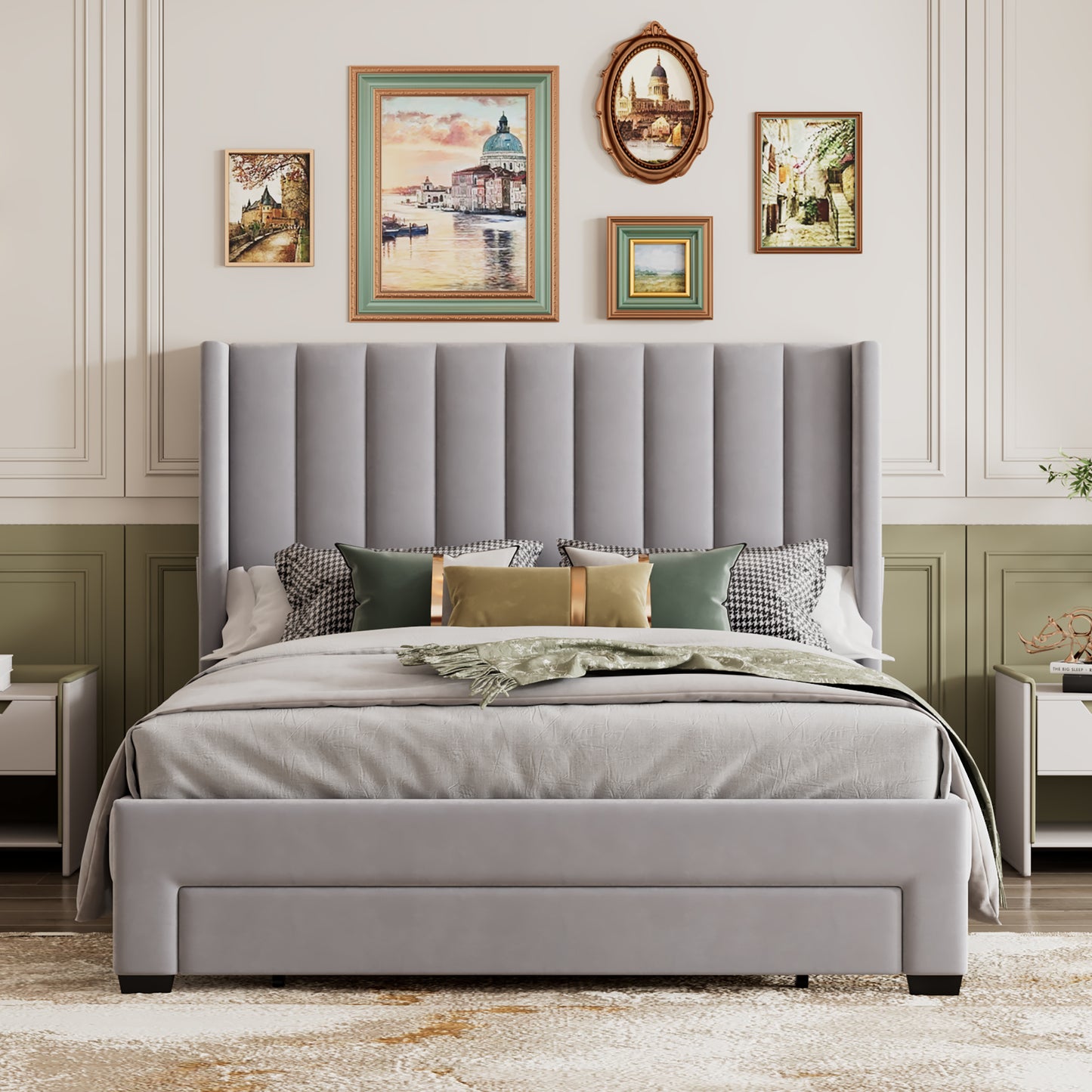 velvet upholstered platform bed with a big drawer - gray