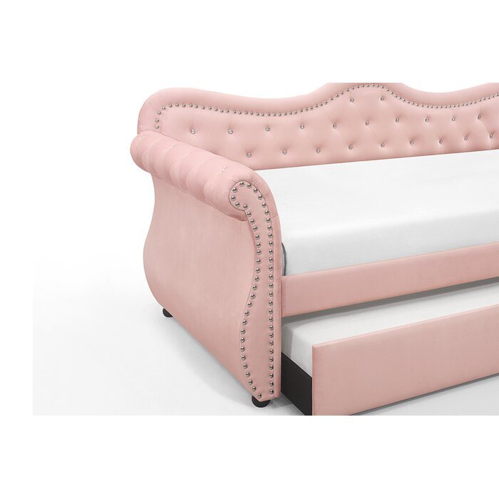 upholstered velvet wood daybed with trundle in pink