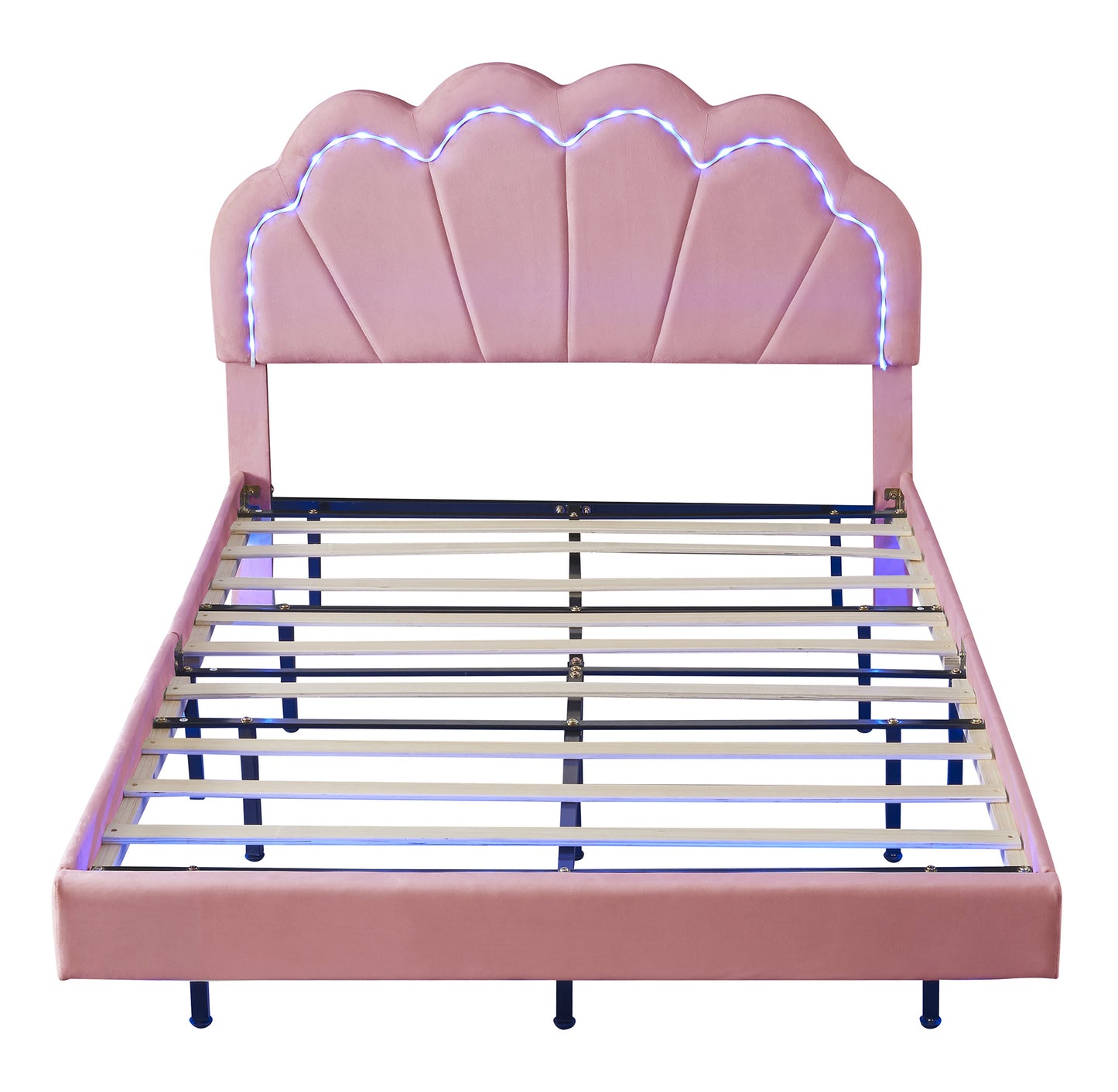 velvet upholstered led platform bed with storage ottoman, pink