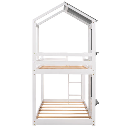 Twin Over Twin Bunk Bed Wood Bed with Roof, Window, Guardrail, and Ladder