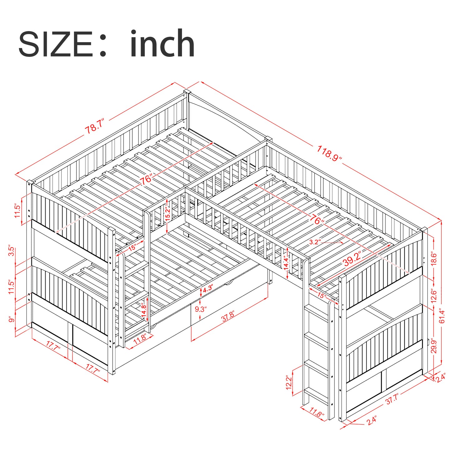 twin size bunk bed with a loft bed attached and two drawers, gray