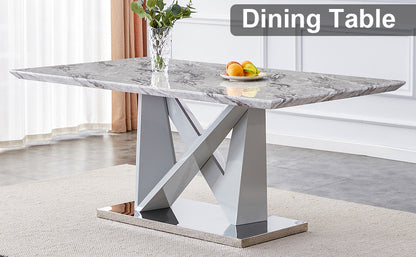 MDF Faux Marble Dining Table with White Double V-Shaped Support