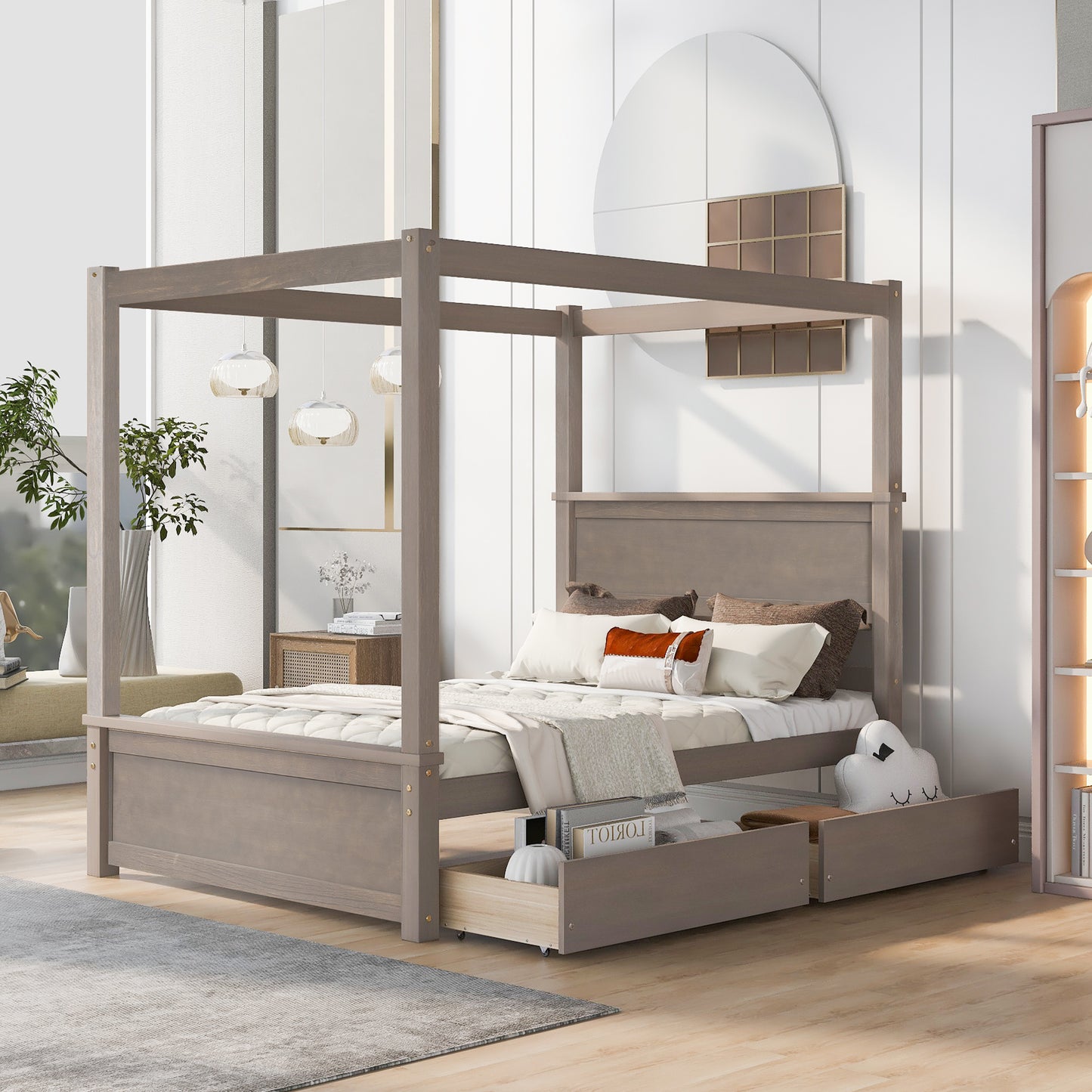 wood canopy bed with two drawers, light brown