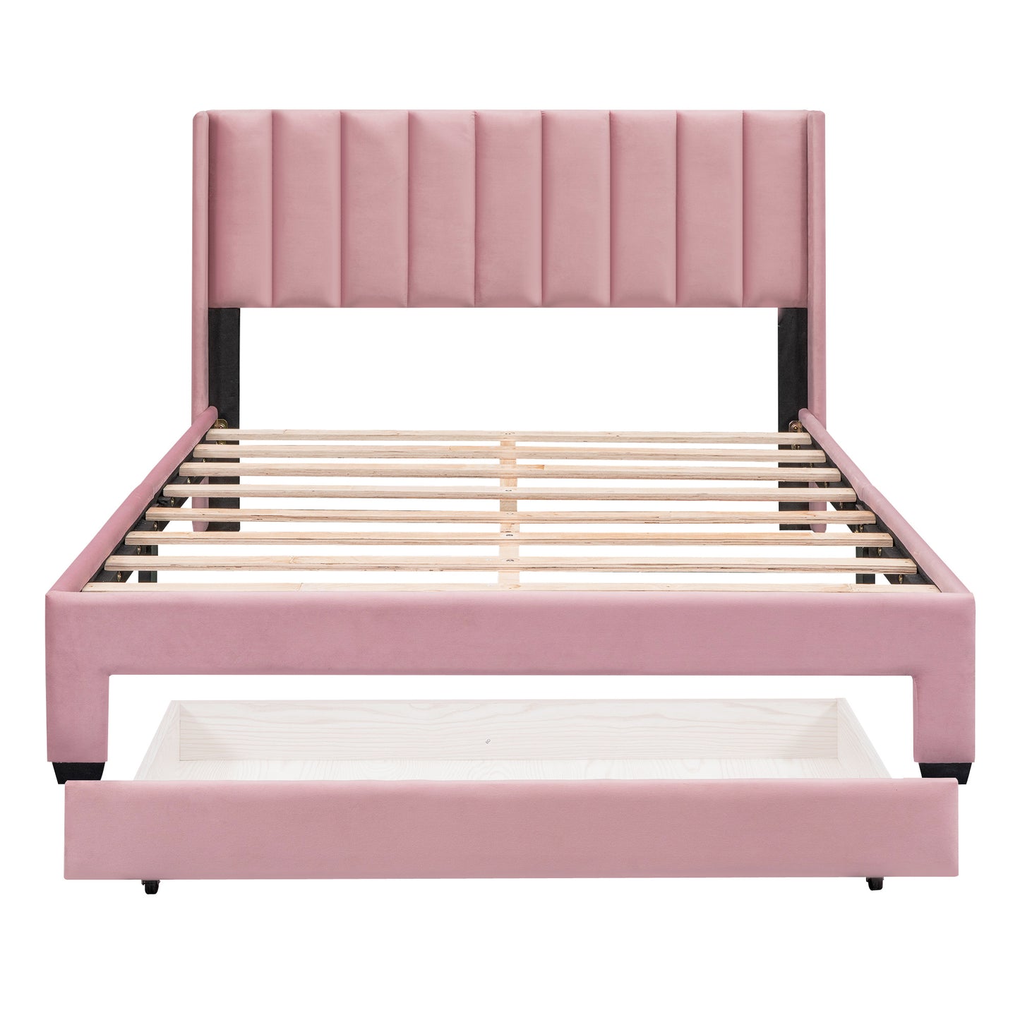 velvet upholstered platform bed with a big drawer