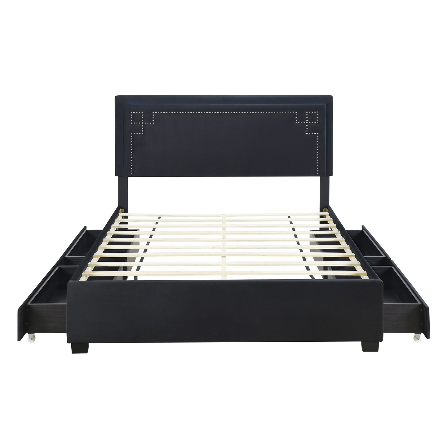 upholstered platform bed with rivet-decorated headboard, led bed frame and 4 drawers, black