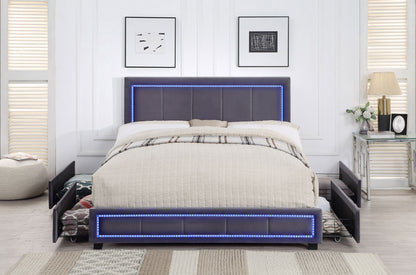 Upholstered Bed with LED Lights, 4 Drawer Storage, Grey