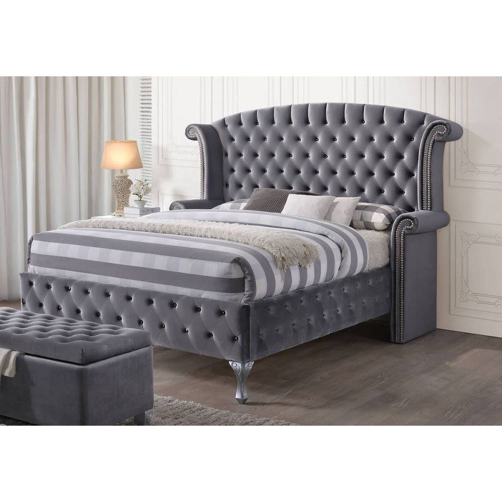 acme rebekah queen bed in gray velvet