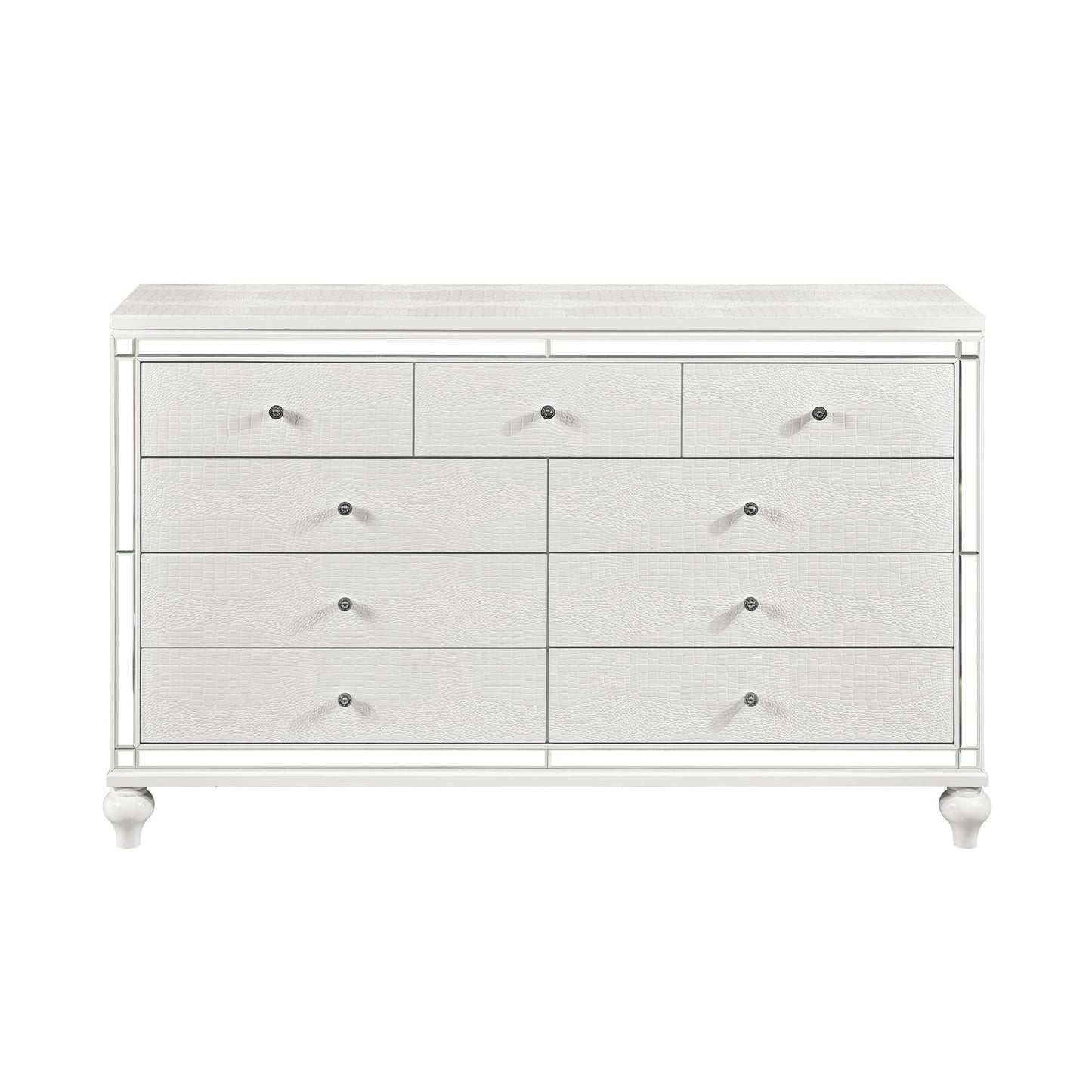 glamorous metallic white finish dresser of 9x drawers faux crystal knobs modern bedroom furniture