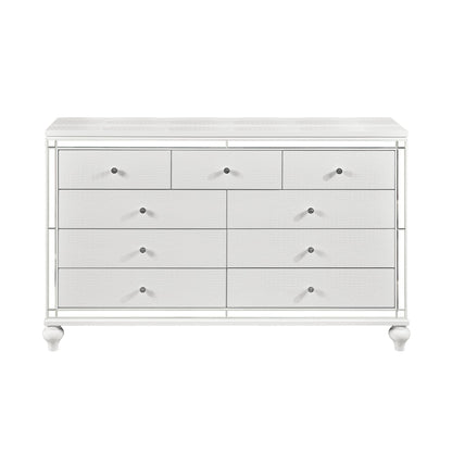 Glamorous Metallic White Finish Dresser of 9x Drawers Faux Crystal Knobs Modern Bedroom Furniture