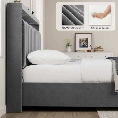 Luxury Gas Lift Storage Bed with RF LED Lights & Storage Headboard ,Grey