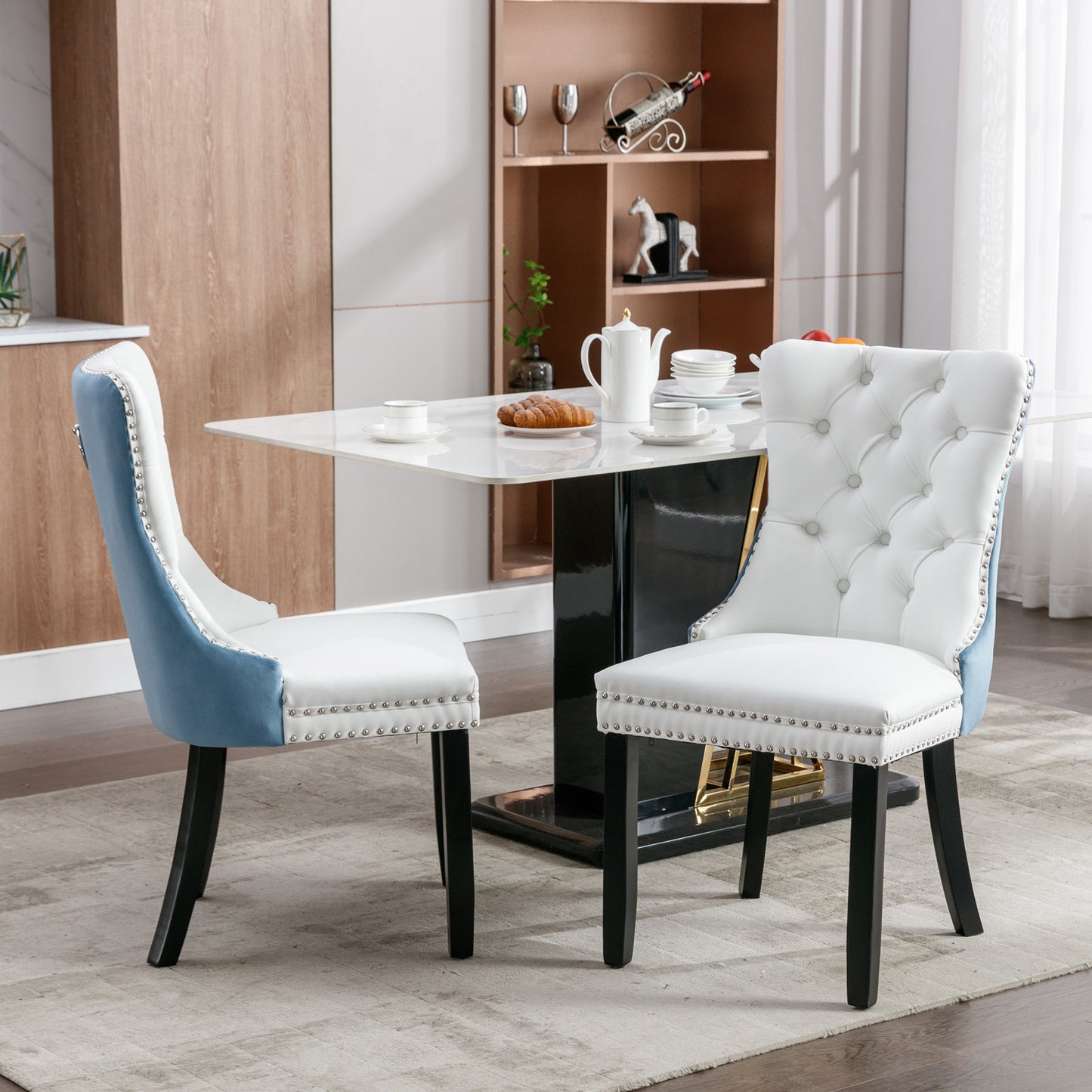 nikki collection modern high-end tufted dining chairs 2-pcs set, white+light blue