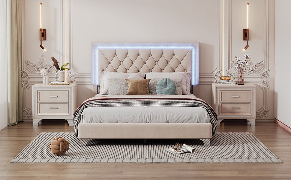 upholstered bed frame with led lights, beige