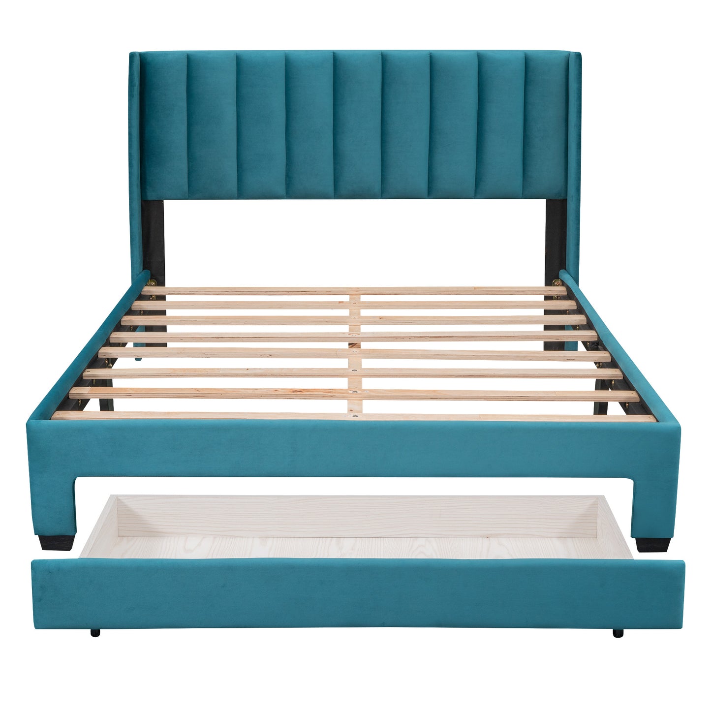 velvet upholstered platform bed with a big drawer
