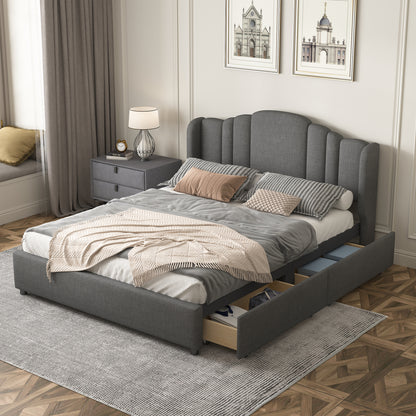 Mie Upholstered Platform Bed with Wingback Headboard and 4 Drawers