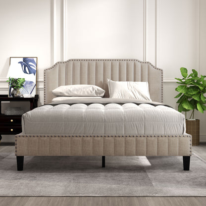 3 Pieces Bedroom Set Modern Linen Curved Upholstered Beige Platform Queen Bed with Two Black Cherry Nightstands