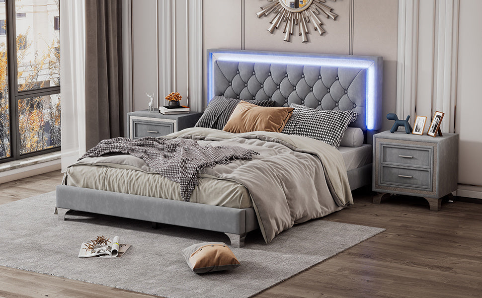3-pieces upholstered platform bed with led lights and two nightstands-gray