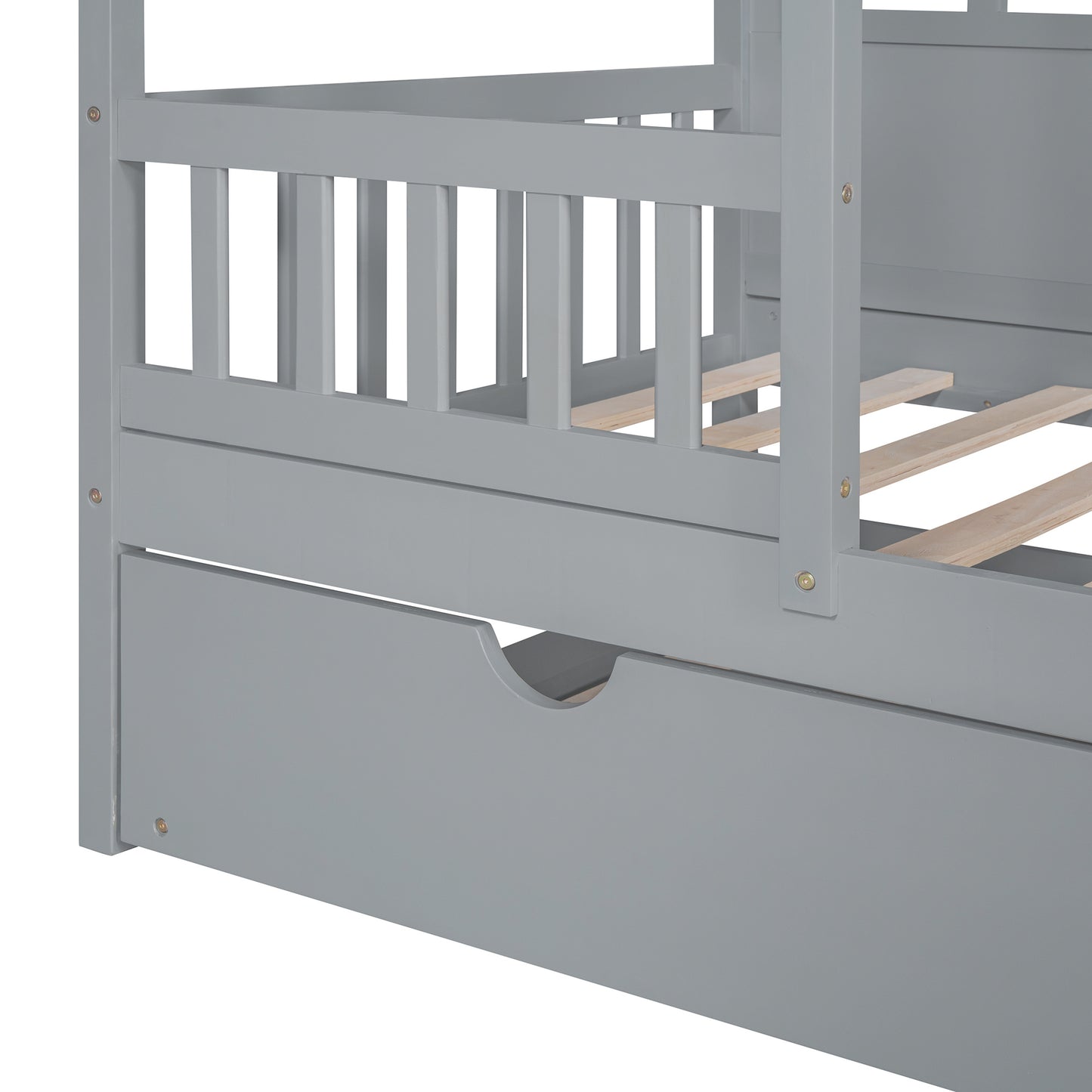 wood house bed with twin size trundle, gray