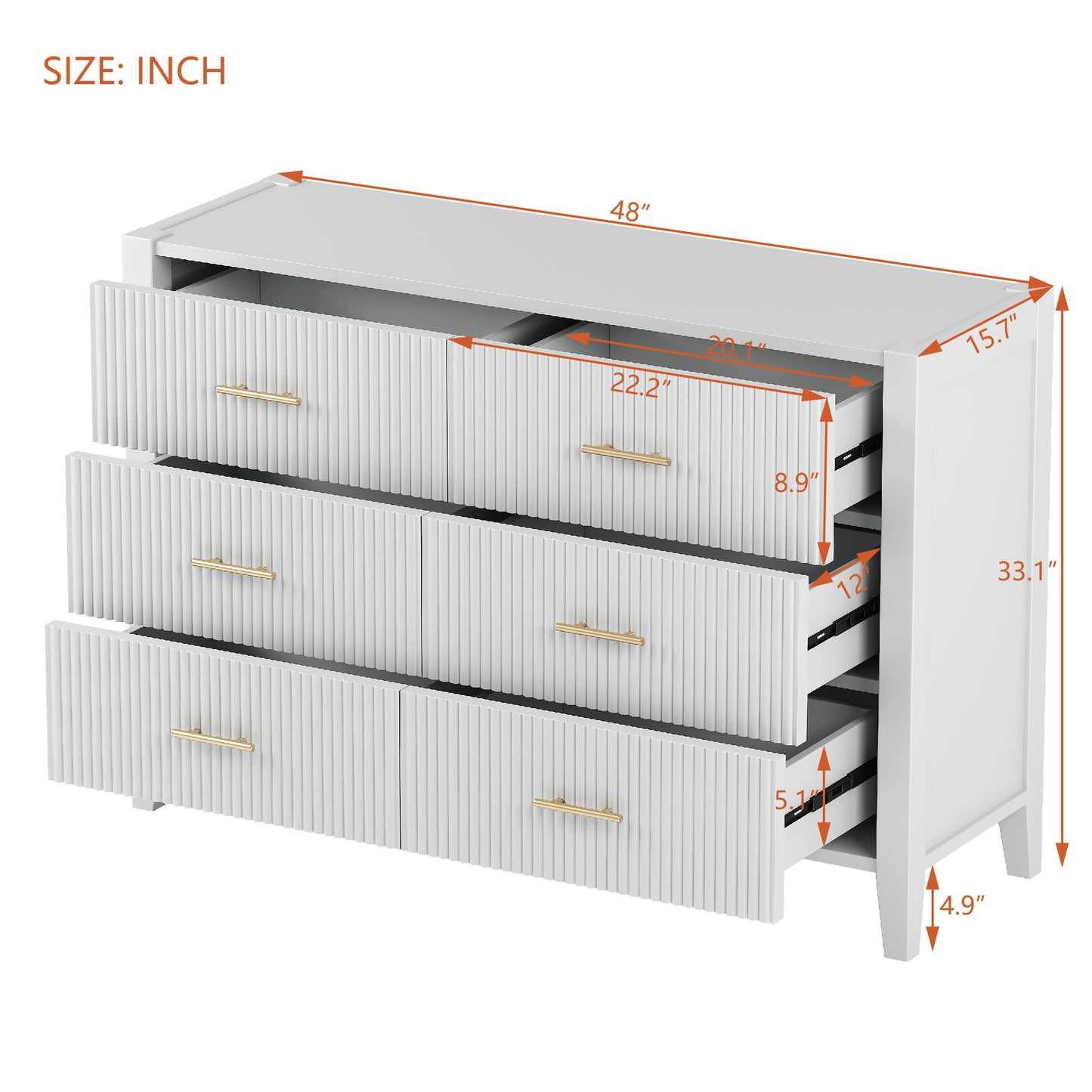 6 drawer dresser with metal handle for bedroom, white