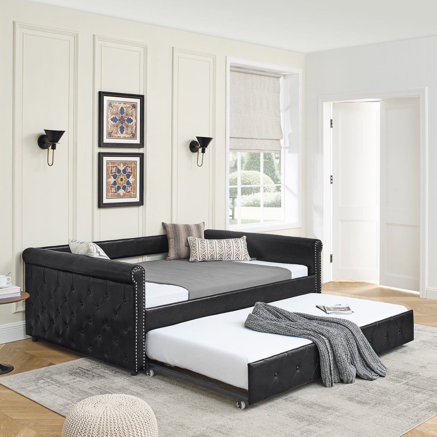 upholstered tufted full size bed,  black
