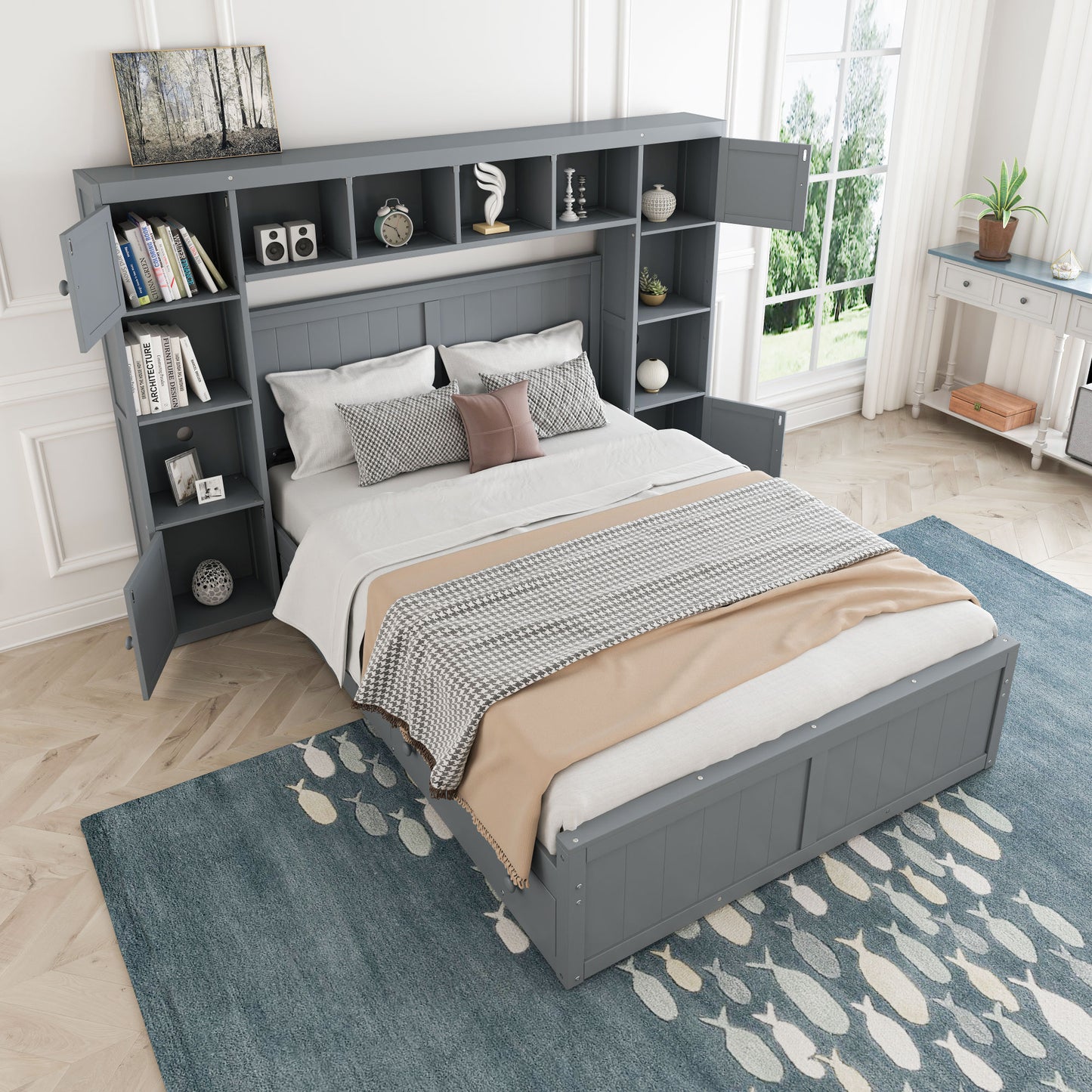 elegant and functional bed with 4 drawers and all-in-one cabinet and shelf, grey
