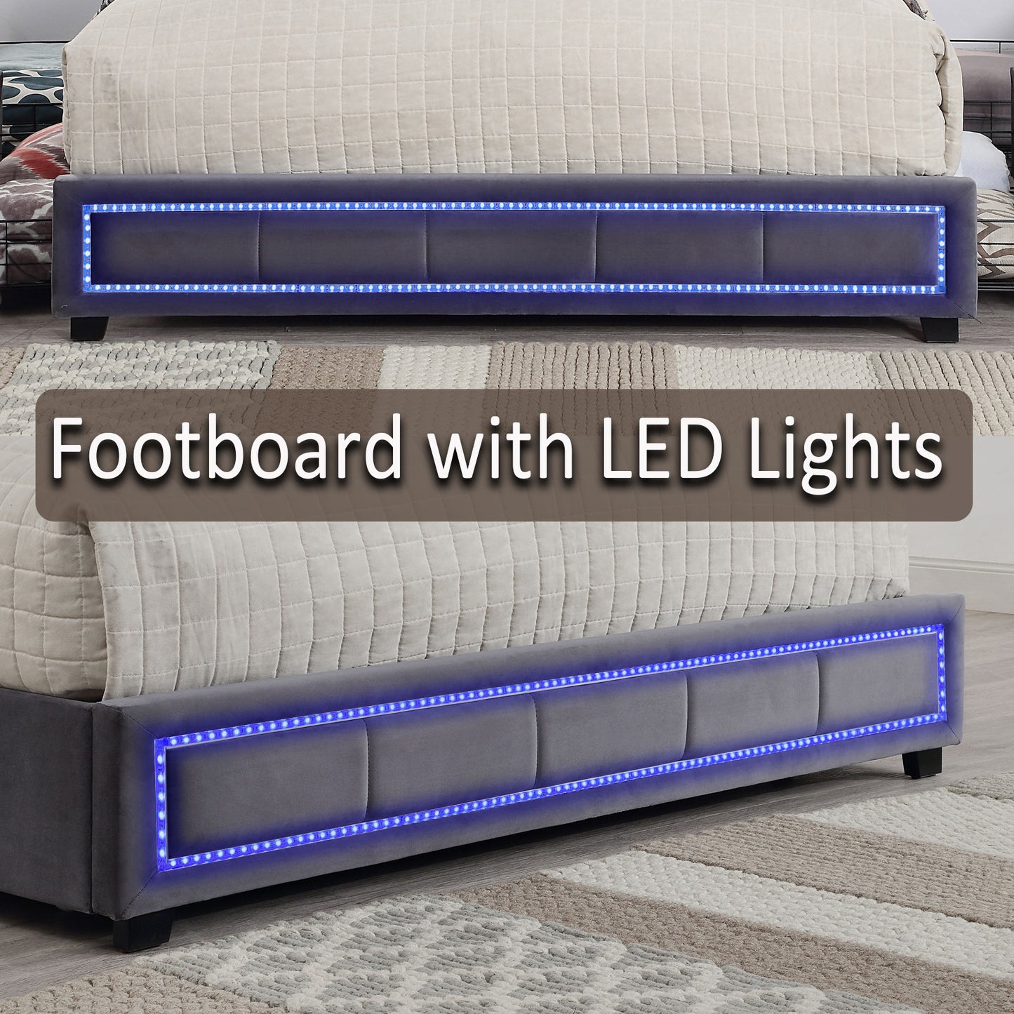 upholstered bed with led lights, 4 drawer storage, grey