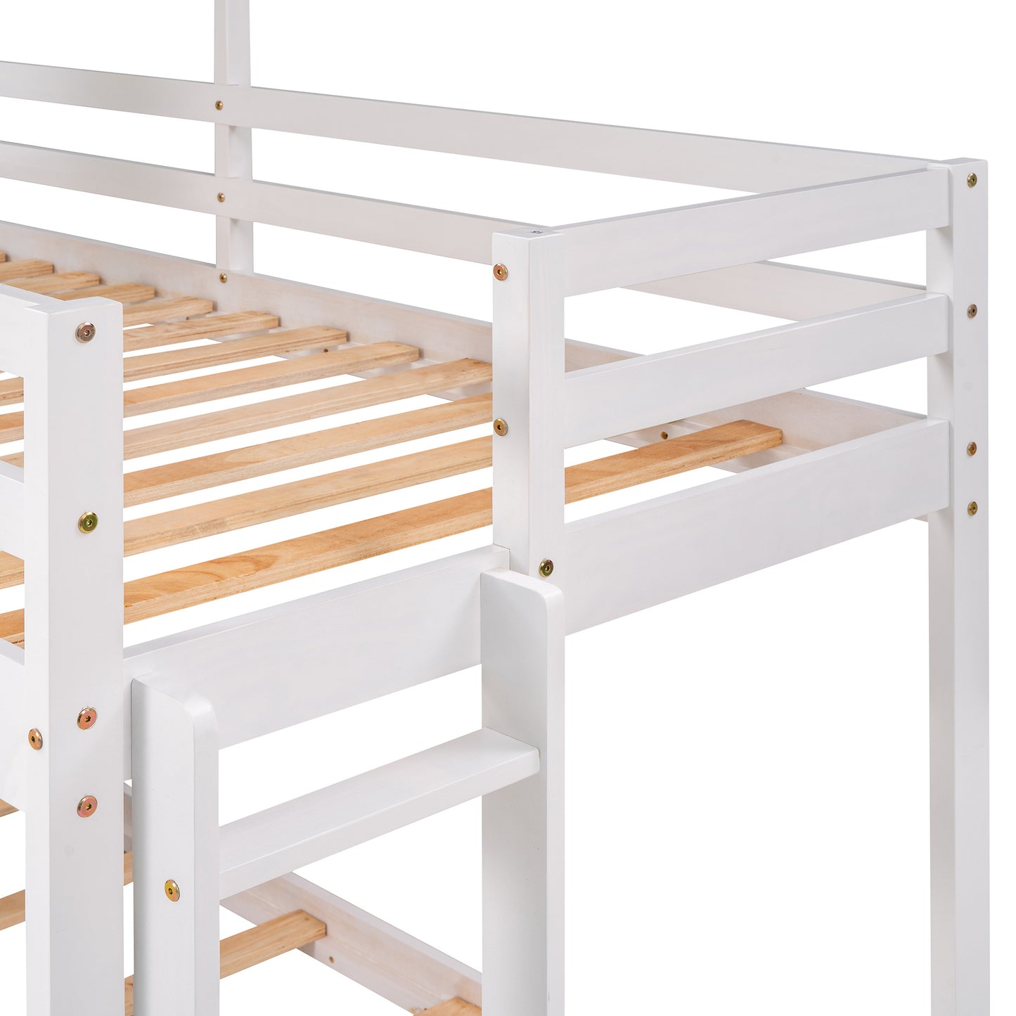 twin over twin bunk bed wood bed with roof, window, guardrail, and ladder