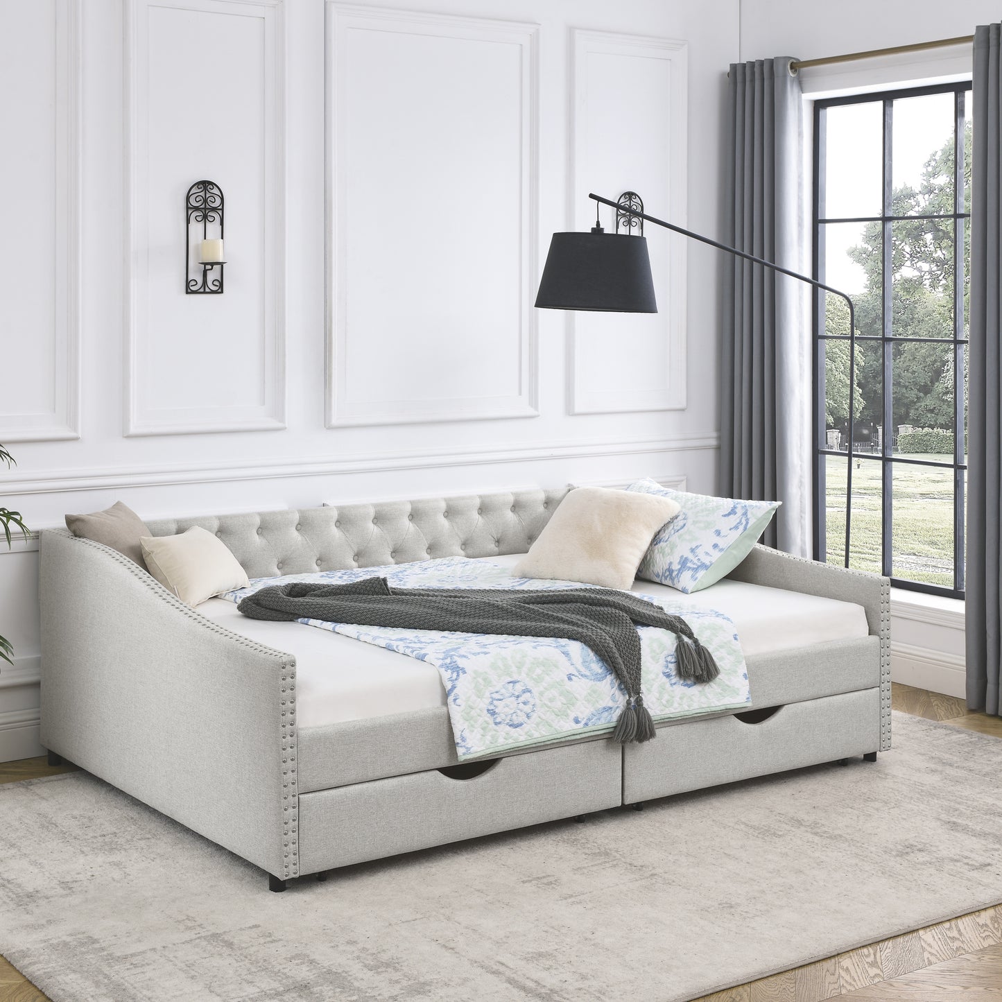 upholstered tufted daybed sofa bed  with drawers, beige