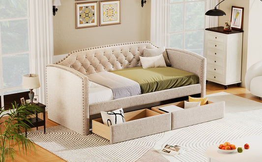 Kim Upholstered Bed with Drawers, Beige