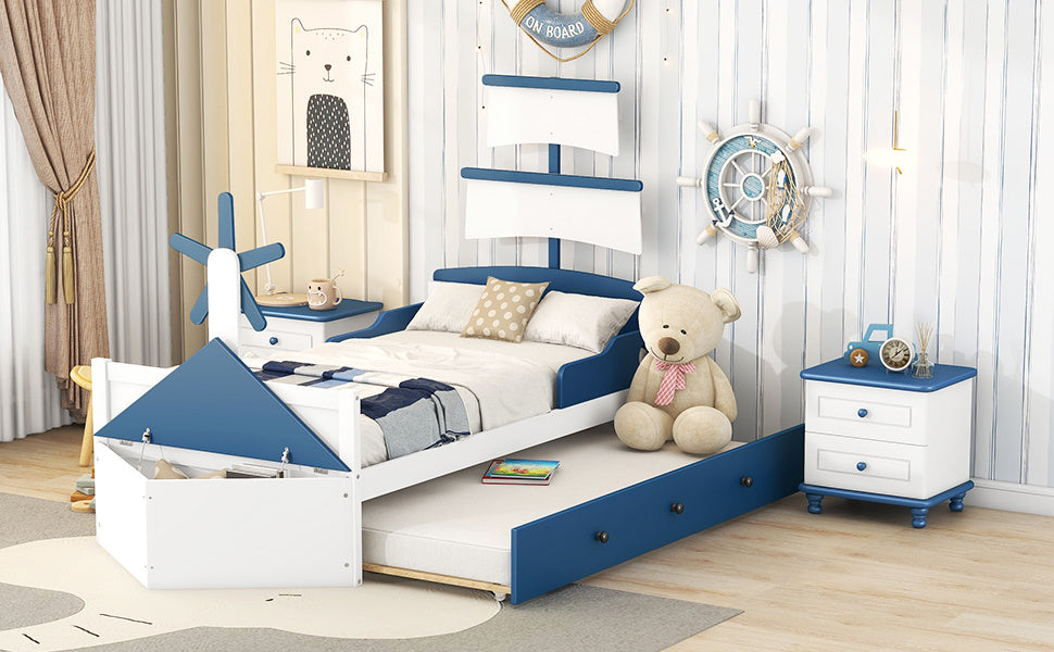 boat-shaped  bed with twin size trundle & storage, blue