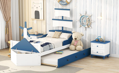 Boat-Shaped  Bed with Twin size Trundle & Storage, Blue