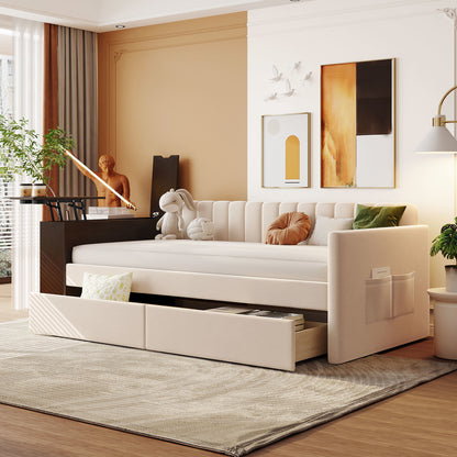Upholstered Multi-functional Daybed with Cup Holder and a set of USB Ports and Sockets, Beige