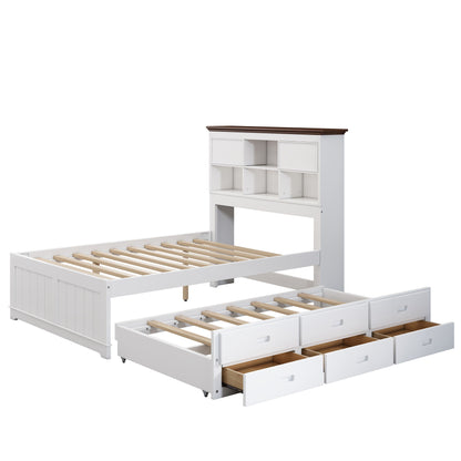 Wooden Captain Bed with Trundle and Nightstand, White+Walnut