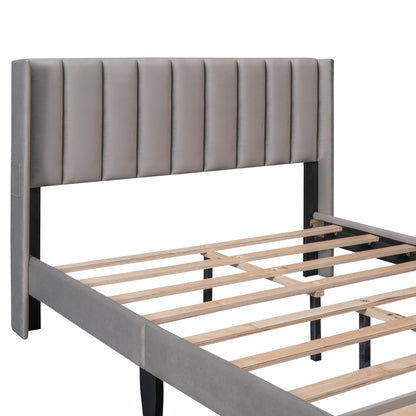 Velvet Upholstered Platform Bed with a Big Drawer - Gray