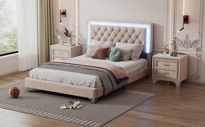Upholstered Bed Frame with LED Lights, Beige