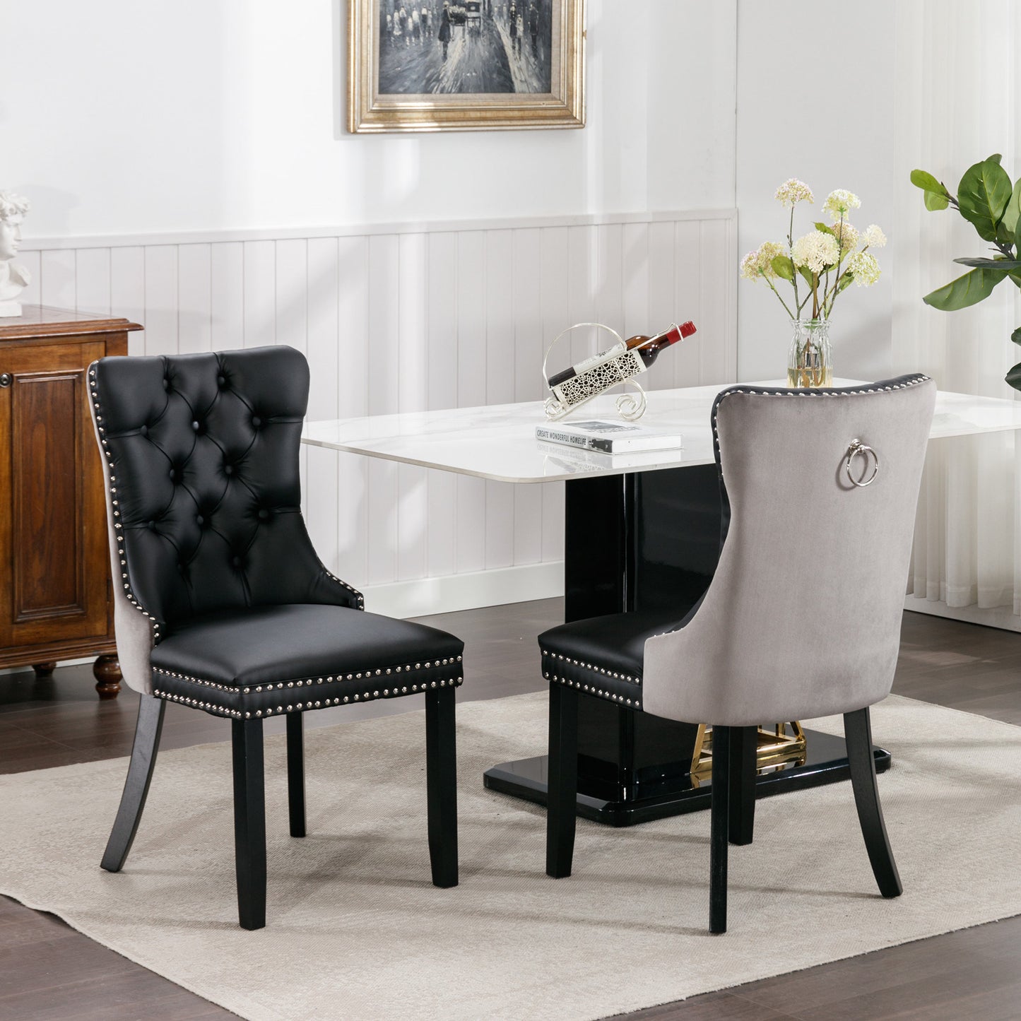 nikki collection modern high-end tufted dining chairs 2-pcs set, black+gray