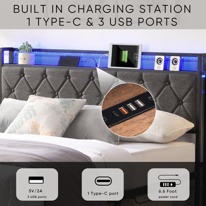 Queen Bed Frame with Storage Headboard, Charging Station and LED Lights,Dark Gray