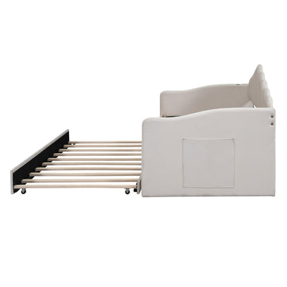 Upholstered Velvet Bed with USB Charging Ports, Beige