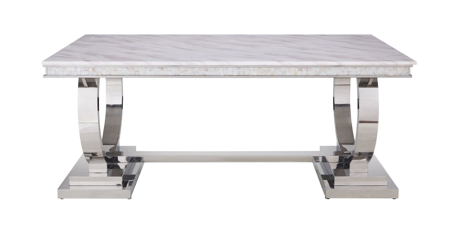 acme zander dining table, white printed faux marble & mirrored silver finish