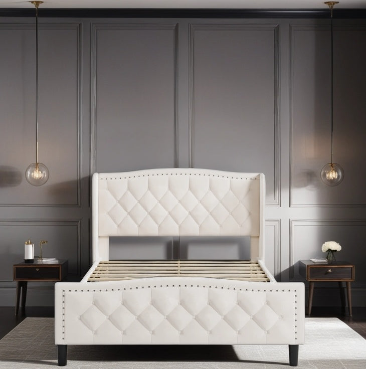 modern velvet upholstered platform bed with wingback headboard, white