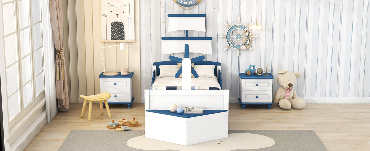 boat-shaped  bed with twin size trundle & storage, blue