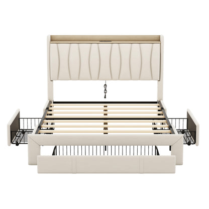 Queen Size Bed Frame with Storage Headboard and Charging Station, Beige