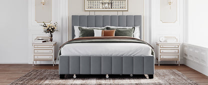 Elegant Velvet Upholstered Platform Bed with 2 Drawers and 1 Twin XL Trundle- Gray