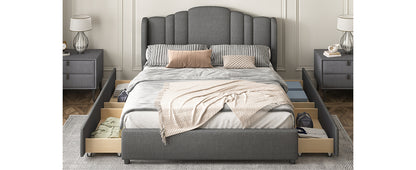 Upholstered Platform Bed with Wingback Headboard and 4 Drawers, Gray