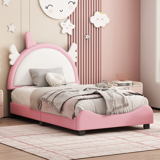 Cute Upholstered Bed With Unicorn Shape Headboard, White+Pink