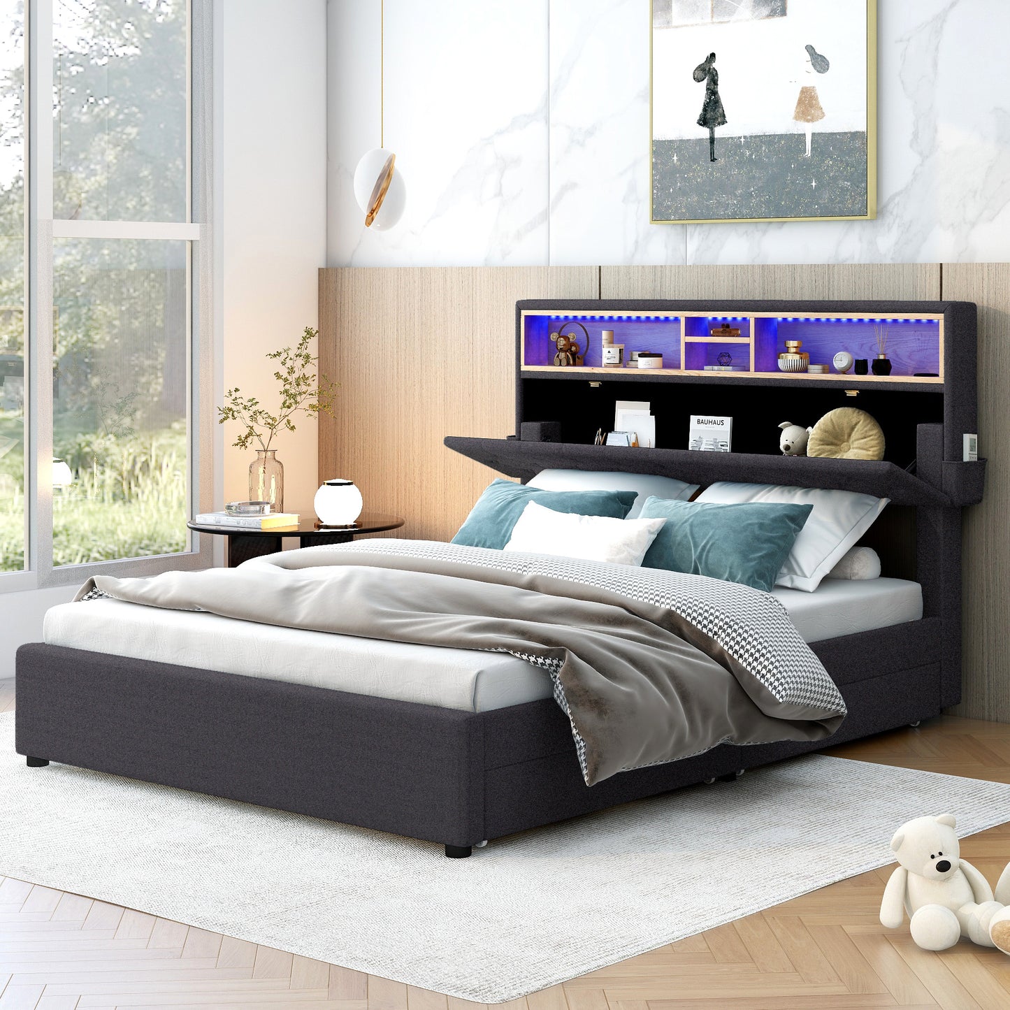 full size upholstered bed with storage headboard, led, usb charging and 2 drawers, dark gray