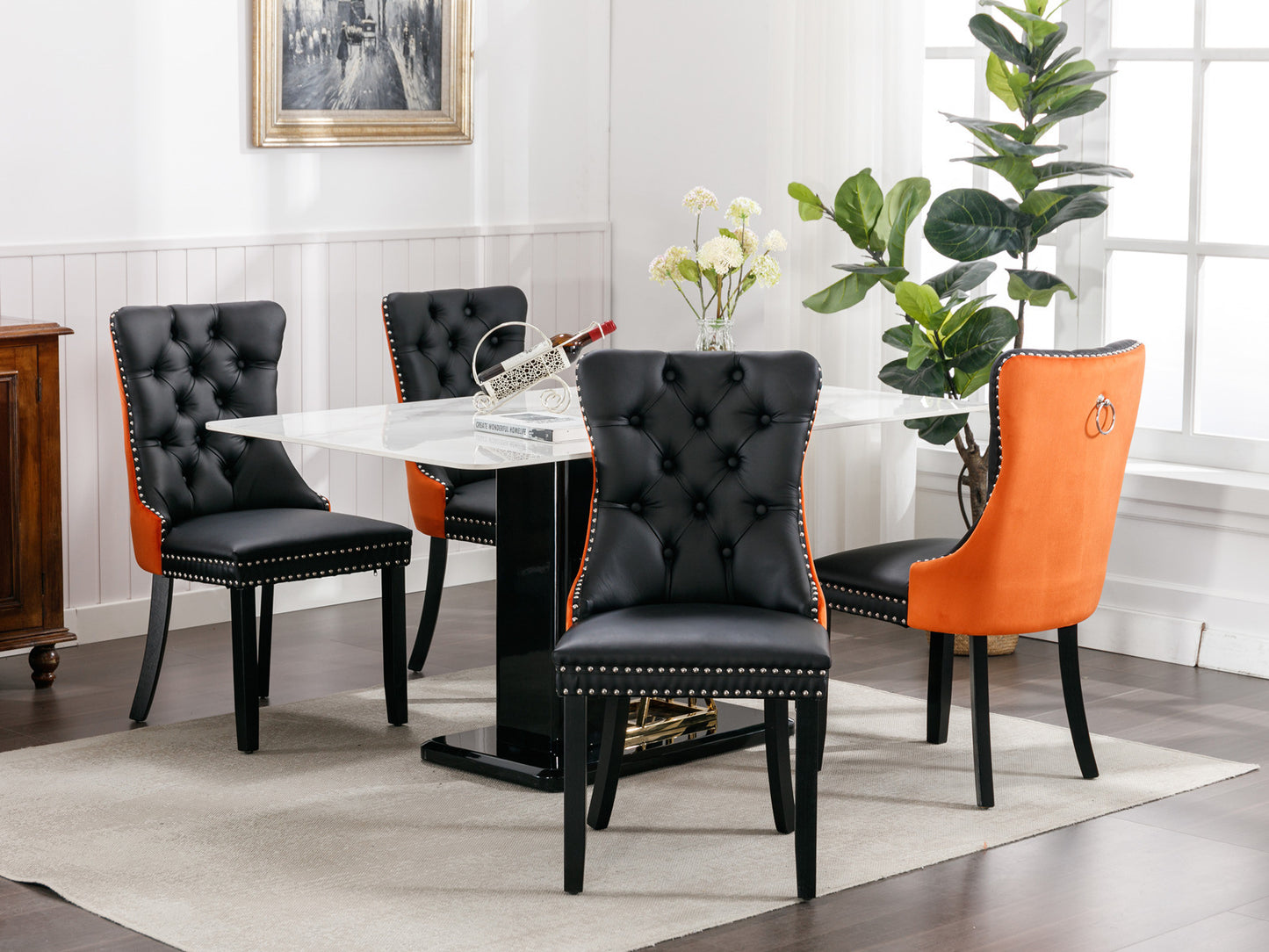 nikki collection modern high-end tufted dining chairs 2-pcs set, black+orange