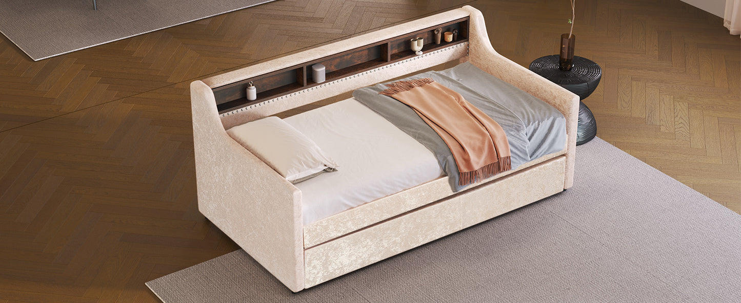 twin size snowflake velvet bed with built-in storage shelves, beige