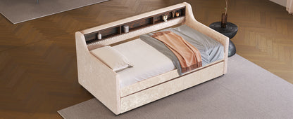 Twin Size Snowflake Velvet Bed with Built-in Storage Shelves, Beige