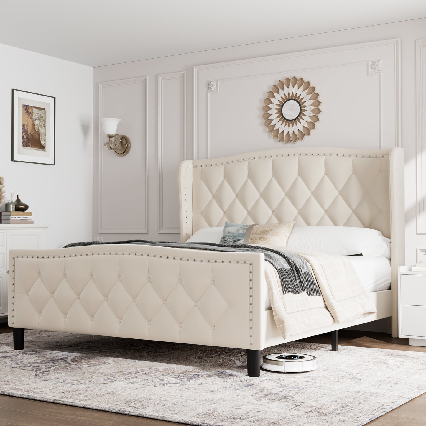 modern velvet upholstered platform bed with wingback headboard, white