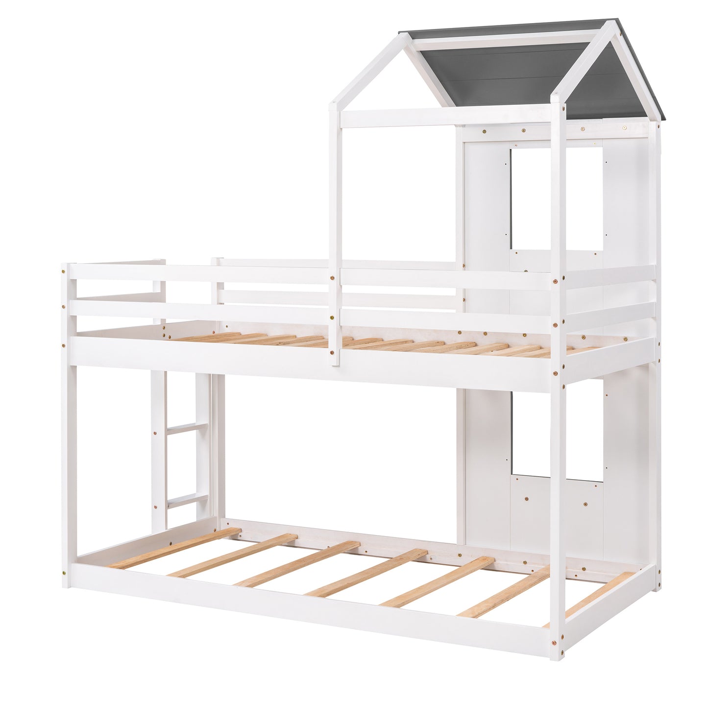 twin over twin bunk bed wood bed with roof, window, guardrail, and ladder